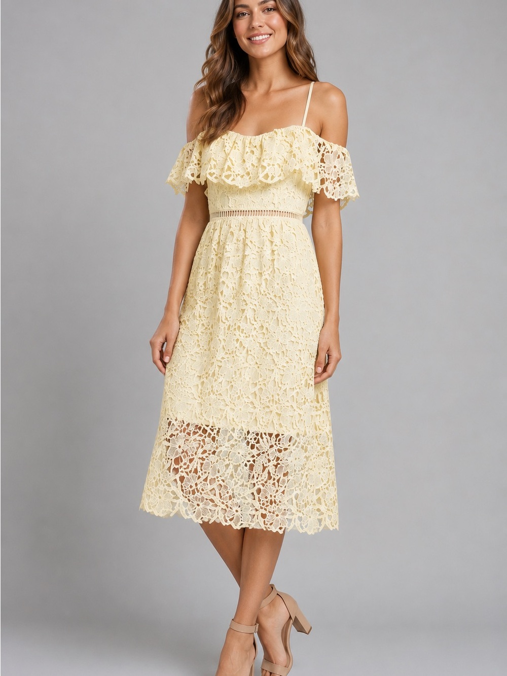 ASTR The Label Pale Yellow Lace Off-Shoulder Midi Dress- NWOT